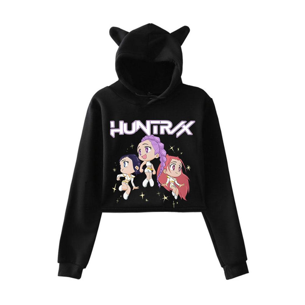 KPop Demon Hunters Cartoon Printed Cat Ear Hoodie Women Long Sleeve Cropped Sweatshirts Female Casual Streetwear Crop Tops