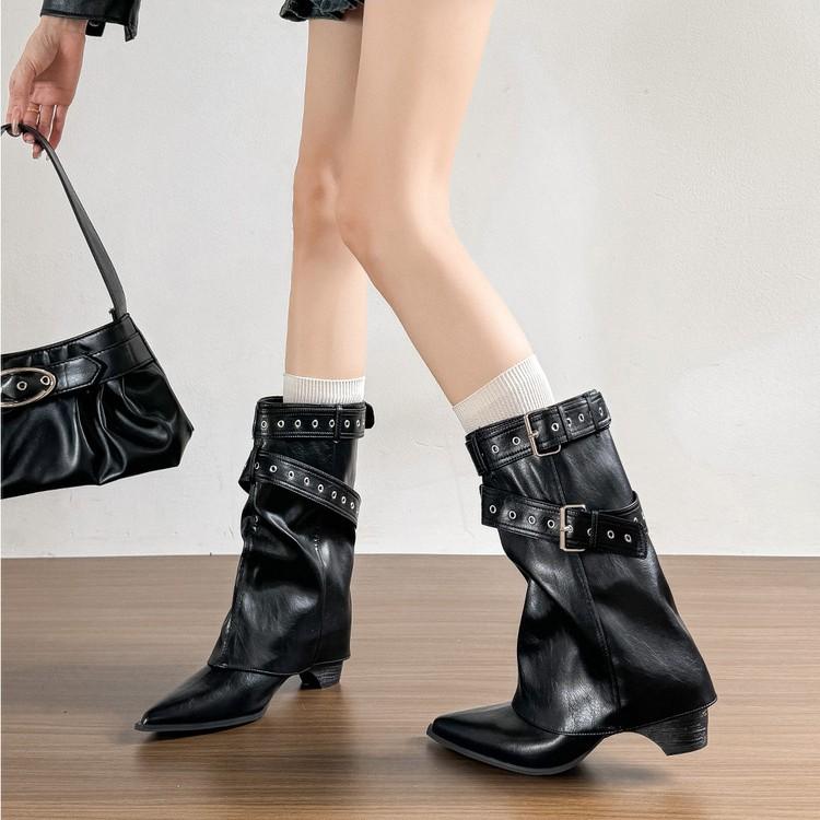 Soft Leather Version! Spice Girls Pants Short Boots Women's Coarse Heel Maillard Medium Boots Temperament Pointed Skinny Knight Martin Boots