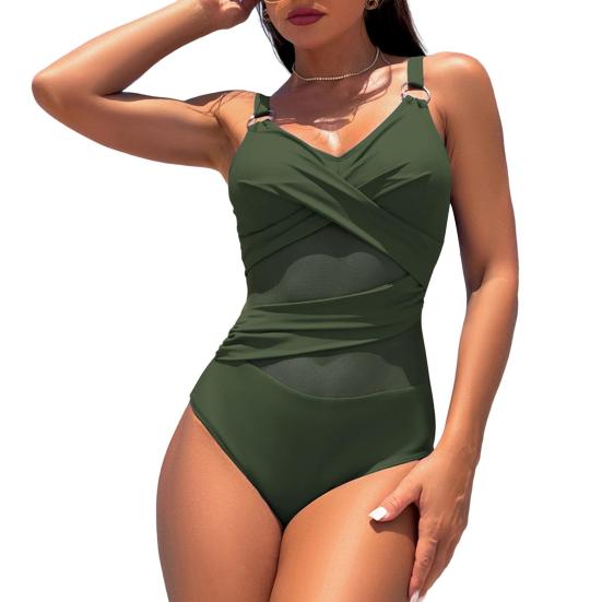 Women Monokini Deep V-Neck Sleeveless Slim Fit One-piece Bikini Solid Color Mesh Splicing