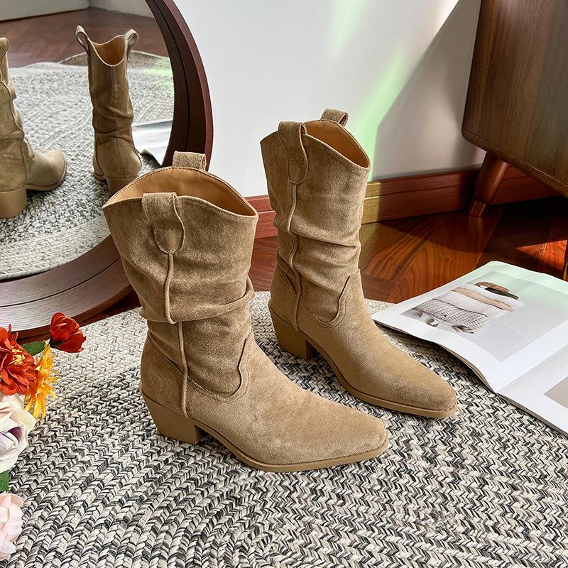 ~ Cm Heightening Pile Boots Women's Autumn Buckle Slim Maillard Thick Heel Mid Tube Martin Boots