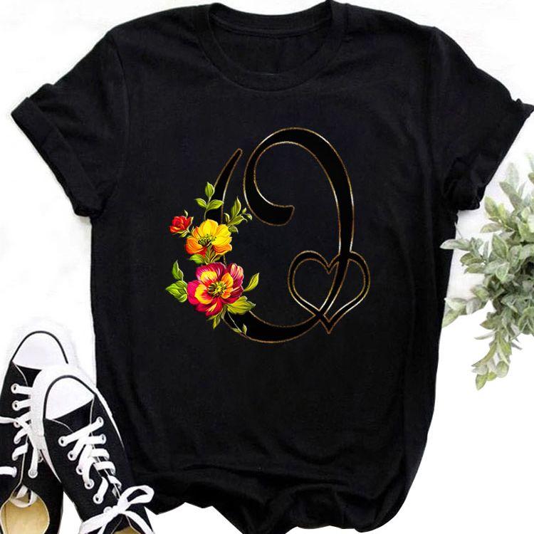 Custom Name Letter Combination Tops Fashion Women T-Shirt Rose Flower Heart Letter Font A B C D Short Sleeve Tees Black T-Shirt