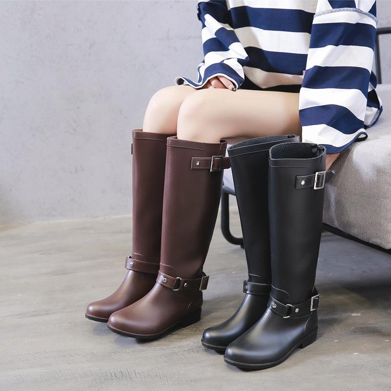 Fashion 2024 New Tall Buckle Rain Boots Women Waterproof Punk Style Zipper Tall Boots Female Shoes Work Knee High Boots Plus Size 36-41