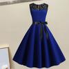Lady Petticoats Plus Size O-Neck Sleeveless See-through Lace Stitching Ribbon Bowknot Gown Dress A-Line Skater Large Hem Midi Princess Dress