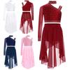 Girls Sparkly Dance Set Rhinestone Crop Top High Low Chiffon Skirt Elastic Waistband Unique Shoulder Design