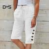 Women Summer Shorts Elastic Waistband Adjustable Drawstring Casual Pants with Pockets Solid Color Buttons Decor Knee-length Pants
