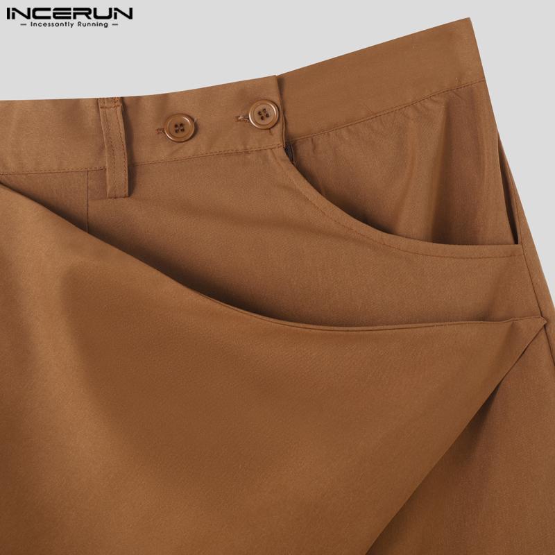 INCERUN Men Autumn Spring Solid Color Zipper Waist Trousers Casual Irregular Wide Leg Pants
