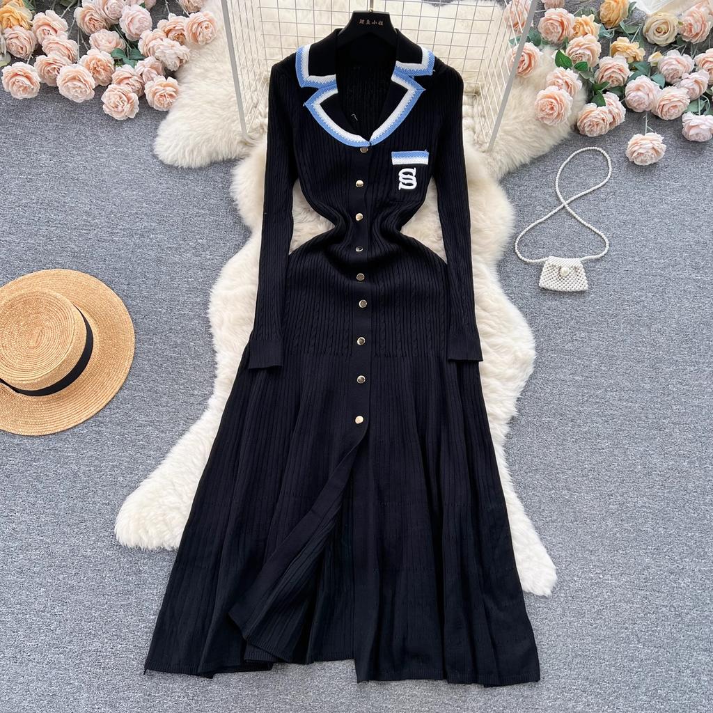 Fashion Autumn Winter Long Sleeve Knitted Maxi Dress Women Elegant Embroidery Pockets Long Sweater Dress Vestidos