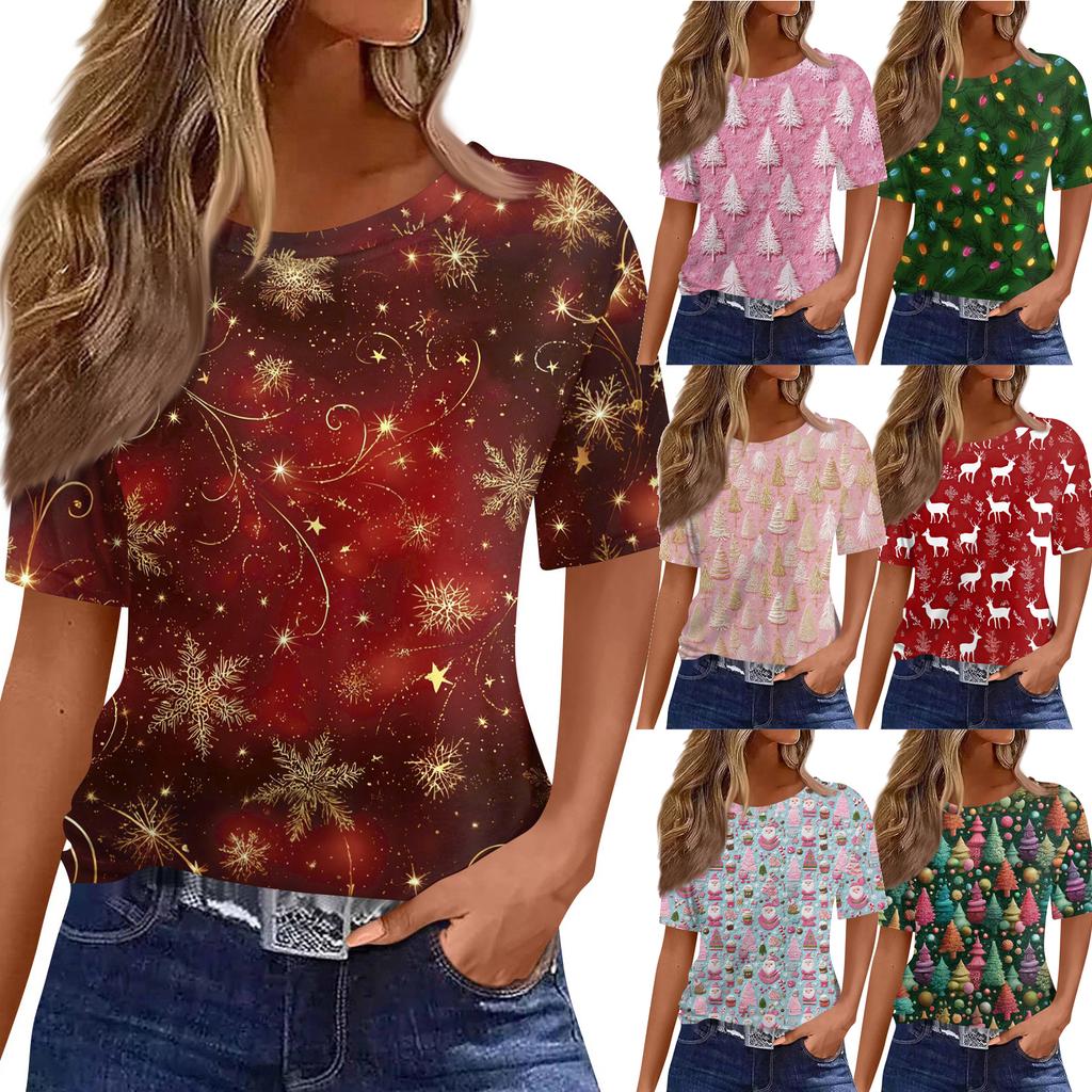Women's Fashionable Casual Short Sleeve Christmas Print Round Neck Pullover Top
