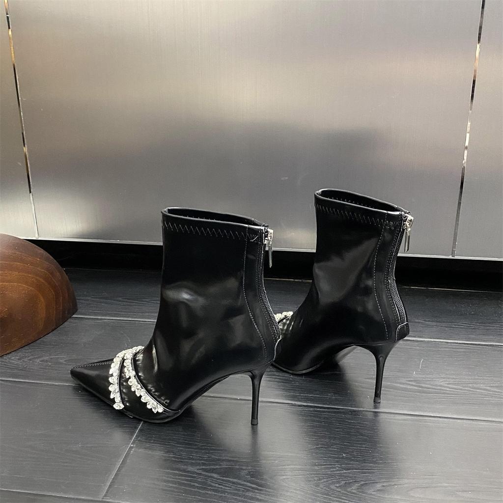 Spice Girls Pointed Rhinestone Sexy Boots Temperament and Ankle Boots 2024 Autumn French Rear Zipper Fashion Boots Stiletto