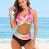Women's Shoulder Strap Swimsuit, Colorful Silk Ribbon Printed Bikini Short Tank Top Swimsuit