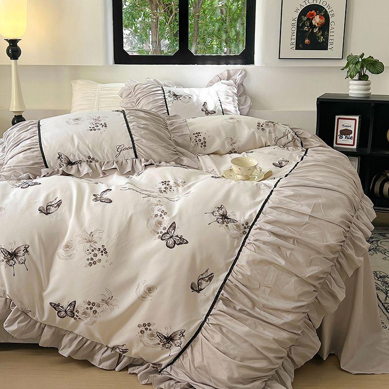French Retro Light Luxury Washed Cotton Four Piece Set Bedroom Lace Duvet Set Single Bedding Set Dormitory Bed Linen