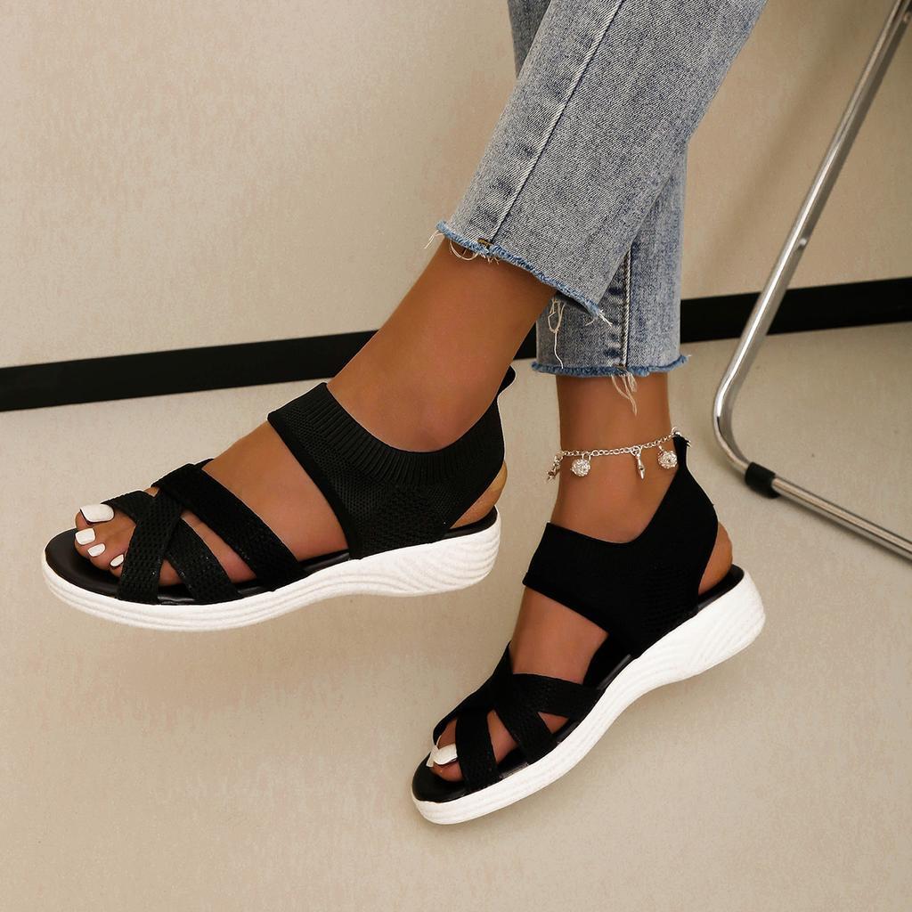 Sandals for Women Summer 2024 Cross Belt Thick Sole Wedges Sandales Femmes Casual Mesh Peep Toe Large Size Slip On Women's Shoes