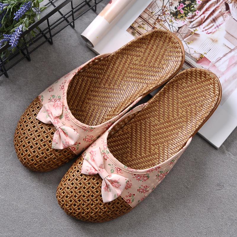 Summer Men/Women Flat Slippers Casual Slides Floral Bow Linen Women Sandals Indoor Shoes