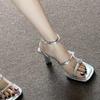 Beautiful~ Sandals Women's 2025 New Summer Silver Square Head Open Toe One-word Buckle Buckle Thick Heel High Heel Sandals