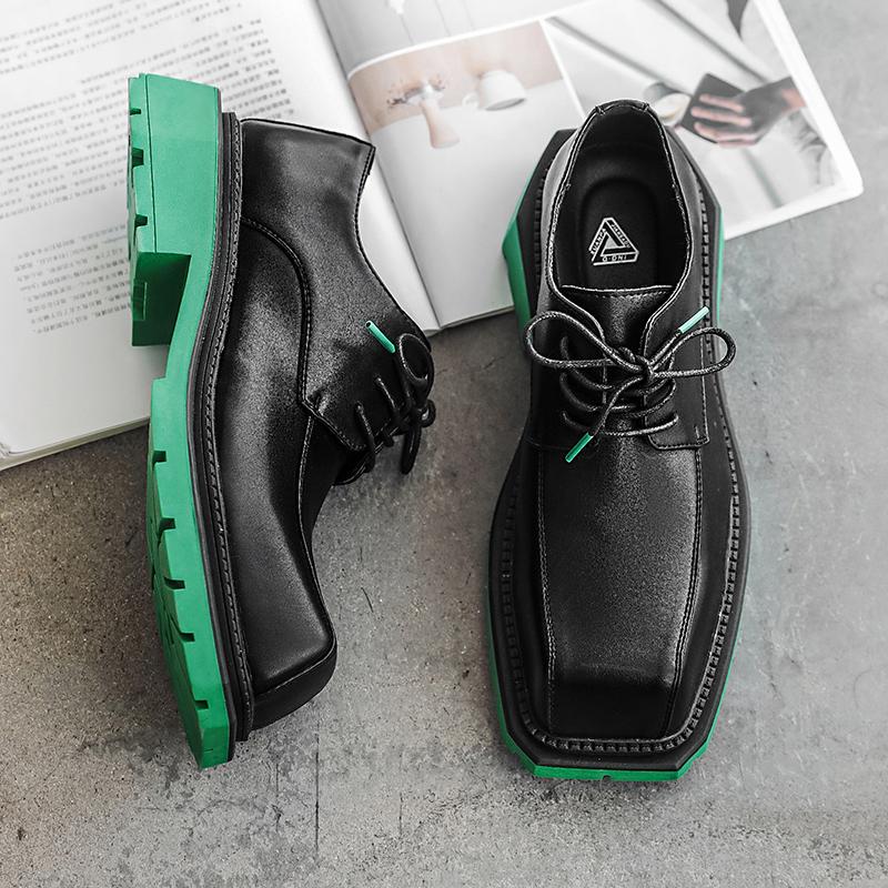 Fashion2024 Men's Japan Karajuku Korean Style Fashion Streetwear Thick Platform Casual Green Leather Shoes Lace Up Dress Leather Shoes