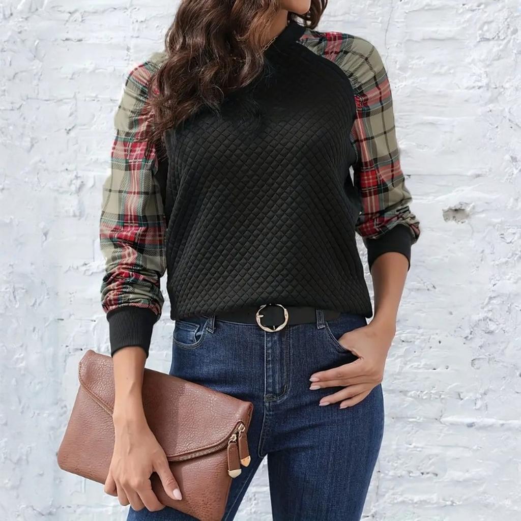 Ladies' Casual And Fashionable Diamond Patterned Patchwork Long Sleeved Round Neck Top