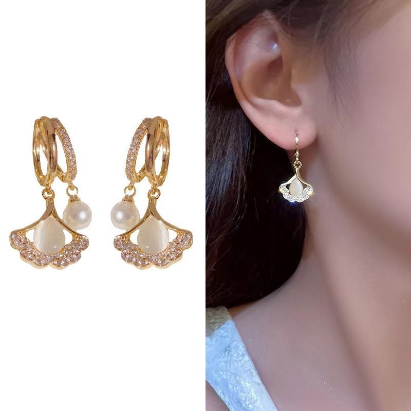 Cat Eye Stone Ginkgo Leaf Earrings Fashion Ear Buckle Earrings Temperament Water Drop Dangle Earrings Jewelry