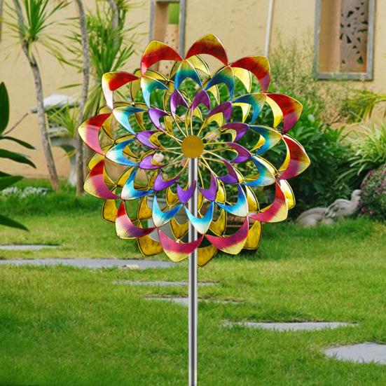 Colorful Flower Wind Spinner with Stake Weather-proof Outdoor Garden Yard Lawn Metal Rotary Windmill Ground Spike Decoration