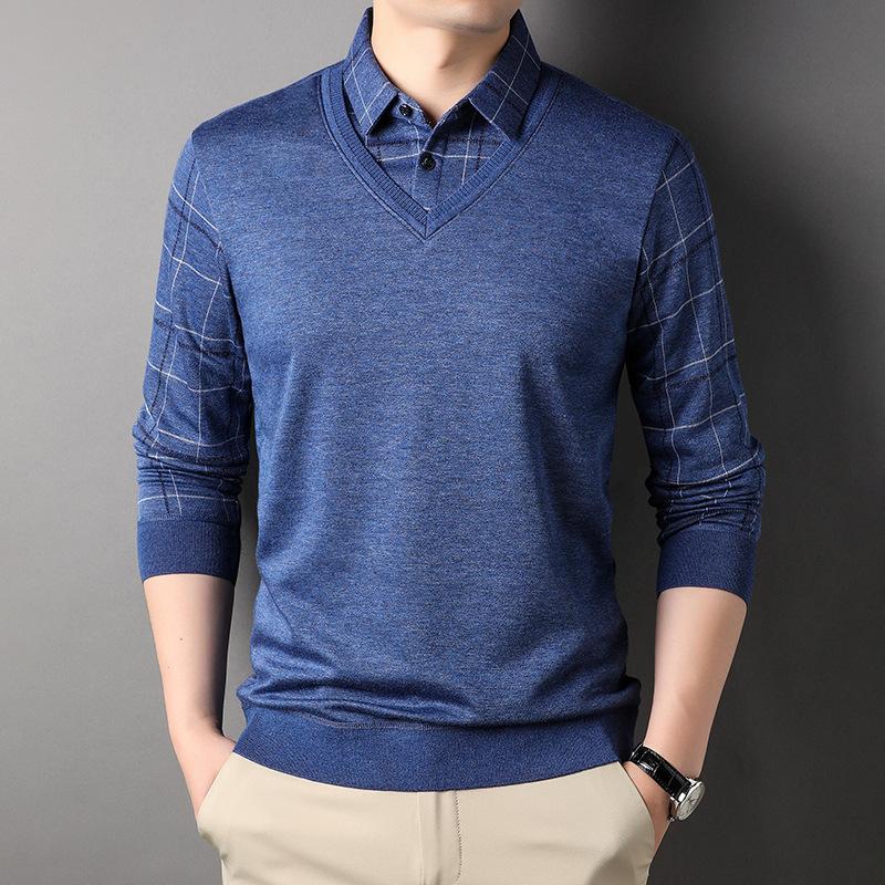 Business Lapel Fashion Striped Knitted Sweater Men's New Fake Two-Piece Knitted Sweaters Young and Middle-Aged Shirt Collar Top