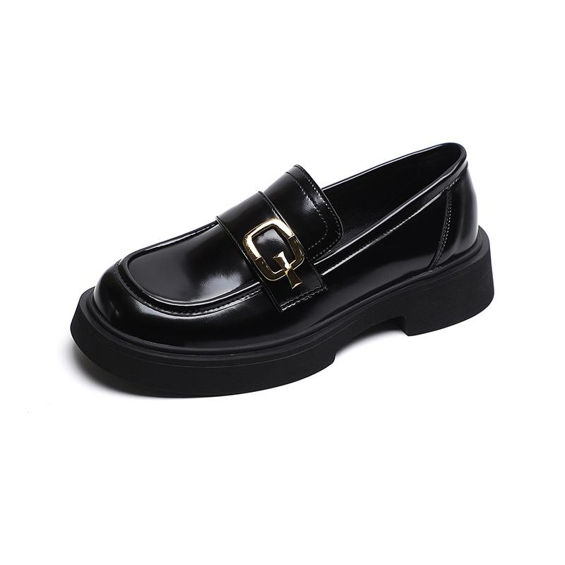 A Straight Strap Square Buckle, Thick-soled Block Heel, Square Round Head, Loaf, Small Leather Shoes, Women's Spring and Autumn