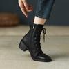 Fashion 2025 New Cross-Tied Women Short Boots Autumn Winter Genuine Leather Office Lady Square Toe Side Zipper Shoes Woman Ankle Boots
