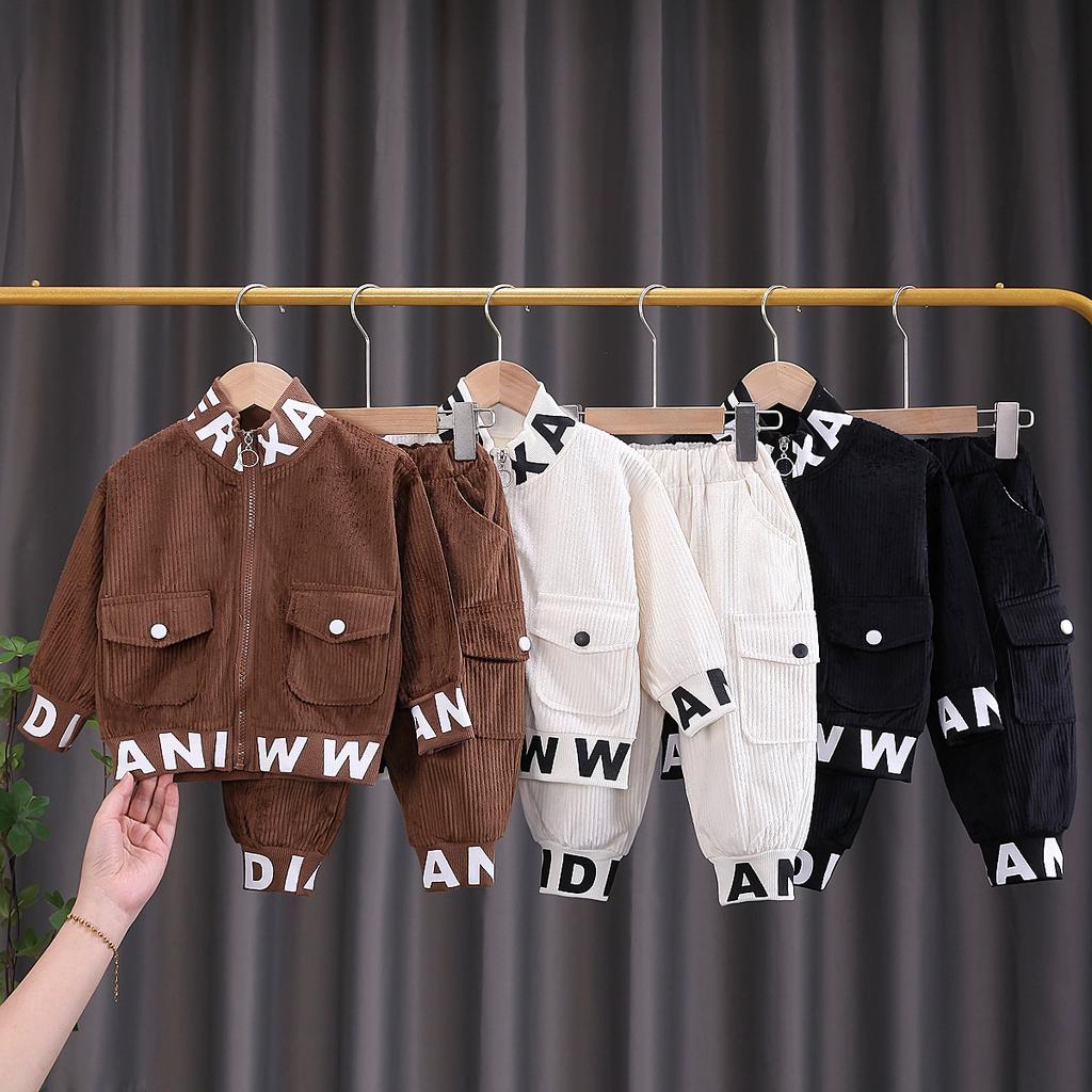 Children's Clothing Handsome Boys Spring Corduroy Zipper Long-sleeved Leisure Sports Two-piece Spring and Autumn Suit