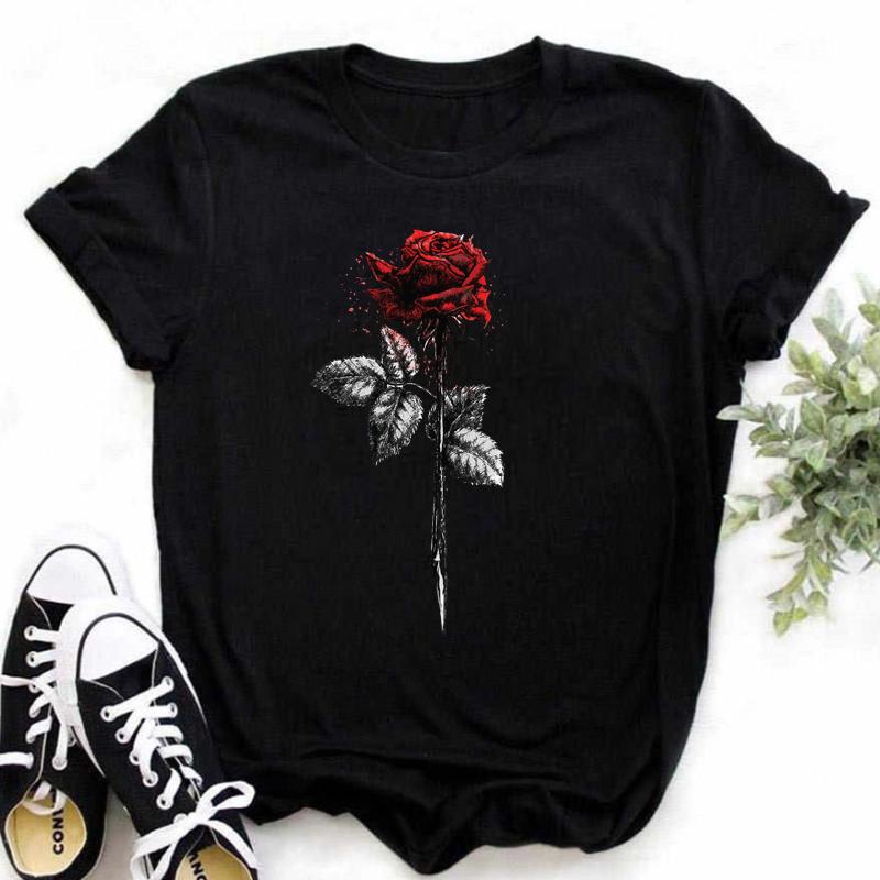 New Red Rose Print Women T Shirt Black T Shirt Harajuku Korean Style Graphic Tops Kawaii Female T-shirt Tops Women T Shirts