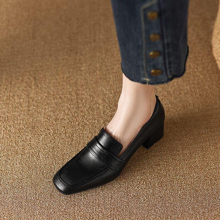 Women's Chunky Heel Retro Square Toe Loafers - Genuine Leather, Clearance, Spring/Autumn 2025