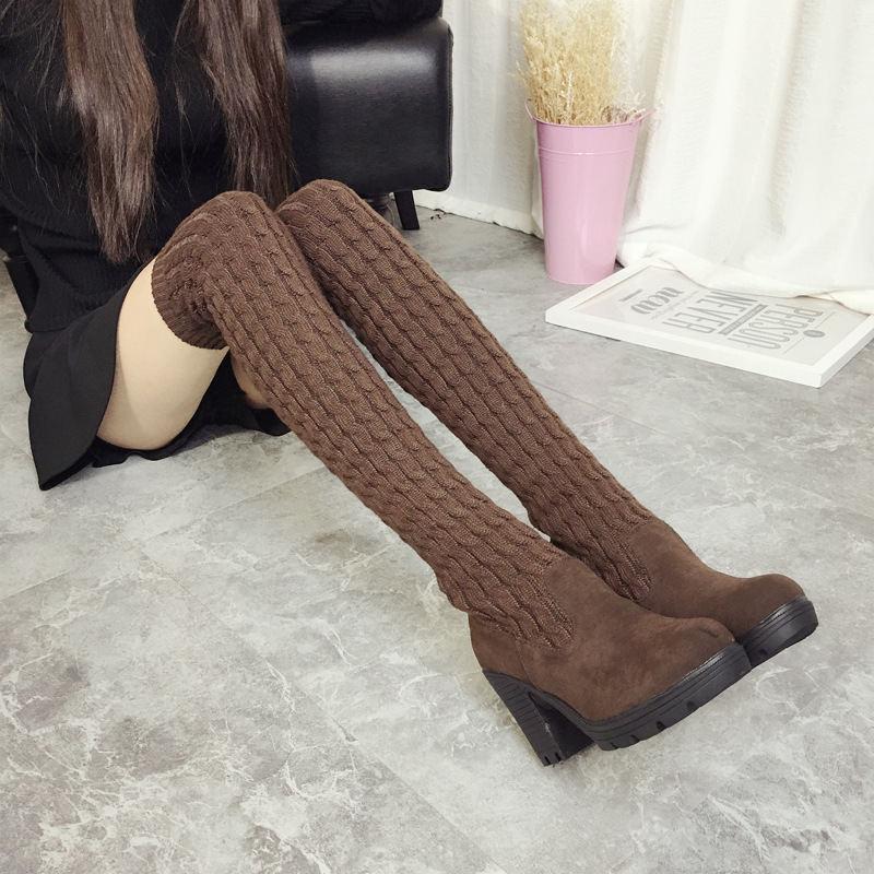2025 Winter Warm Women Boots Ladies Knee High Shoes Thick Knitted High Heel Boots Round Top Women High Boots Big Size 35-40