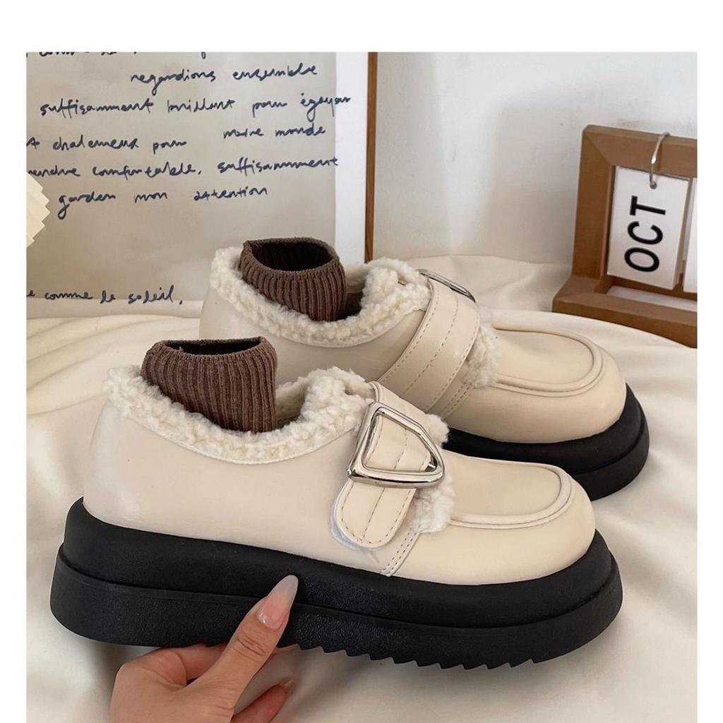 Platform Muffin Velvet Small Leather Shoes Women's 2025 New Autumn and Winter Warm Retro British Style Loafers Cotton Shoes Tide