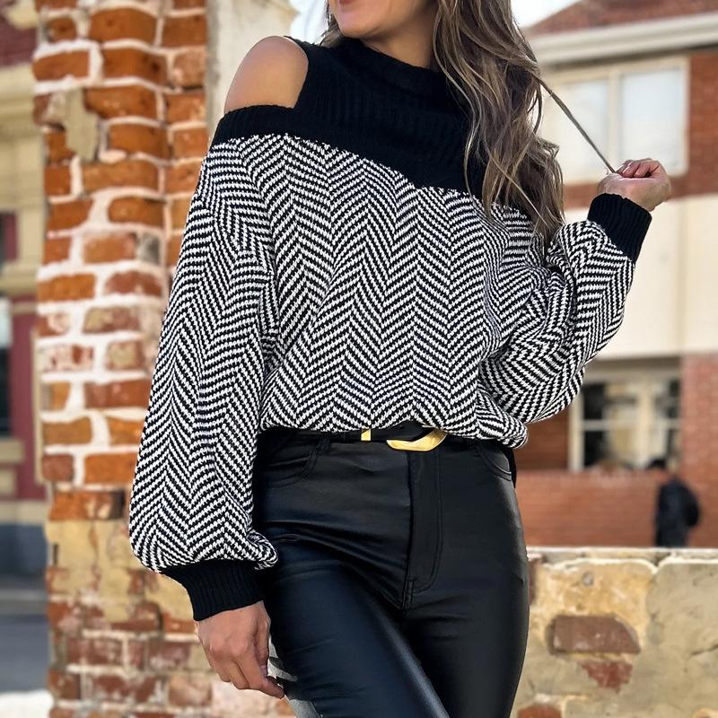 Осенне-зимний женский полосатый свитер с полувысоким воротом, модный пуловер с открытыми плечами, трикотаж