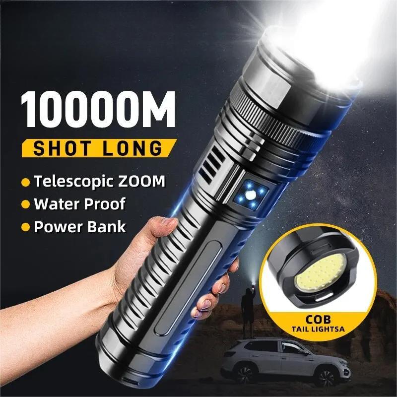 White Laser Flashlight Powerful Light Wicks Ultra Bright Zoom Long Shot LED Rechargeable COB Tail Light Outdoor Power Bank