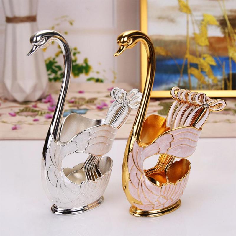 Coffee Dessert Spoon Set European Style Elegant Swan Fruit Scoop Holder Decorative Tableware MIT