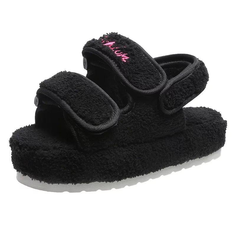 Summer Thick Flat Slides Sandals Girl Fashion Casual Beach Shoes Ladies Open-Toe Plus Size Shoes Fur Platform Sandals Women