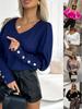 2024 Autumn Fashion V-Neck Long Sleeve Button-Up Solid Color Women's Top