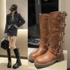 Women Retro Boots 2024 Spring Trend Buckle Knee-High High Boots Motorcycle Footwear Punk Rock Comfort Leather Women Shoe