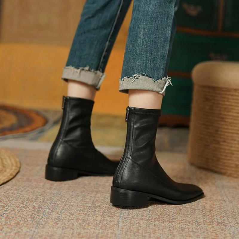 Designer Vintage Square Toe Women Slim Ankle Boots Fashion Elegant Zippers Shoes Autumn Stretch Women's Short Booties