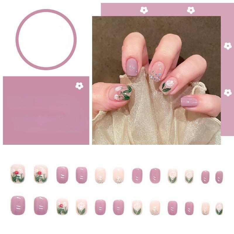 24pcs/set Tulip Manicure Glitter False Nails Finished Wearable Nail Stickers Press On Nail