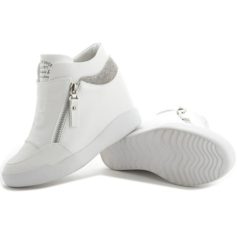 Plus Size Women Wedge Sneakers Side Zipper PU Leather Casual Flat Shoes Sequins Thick Bottom White Shoes Internal Heighten