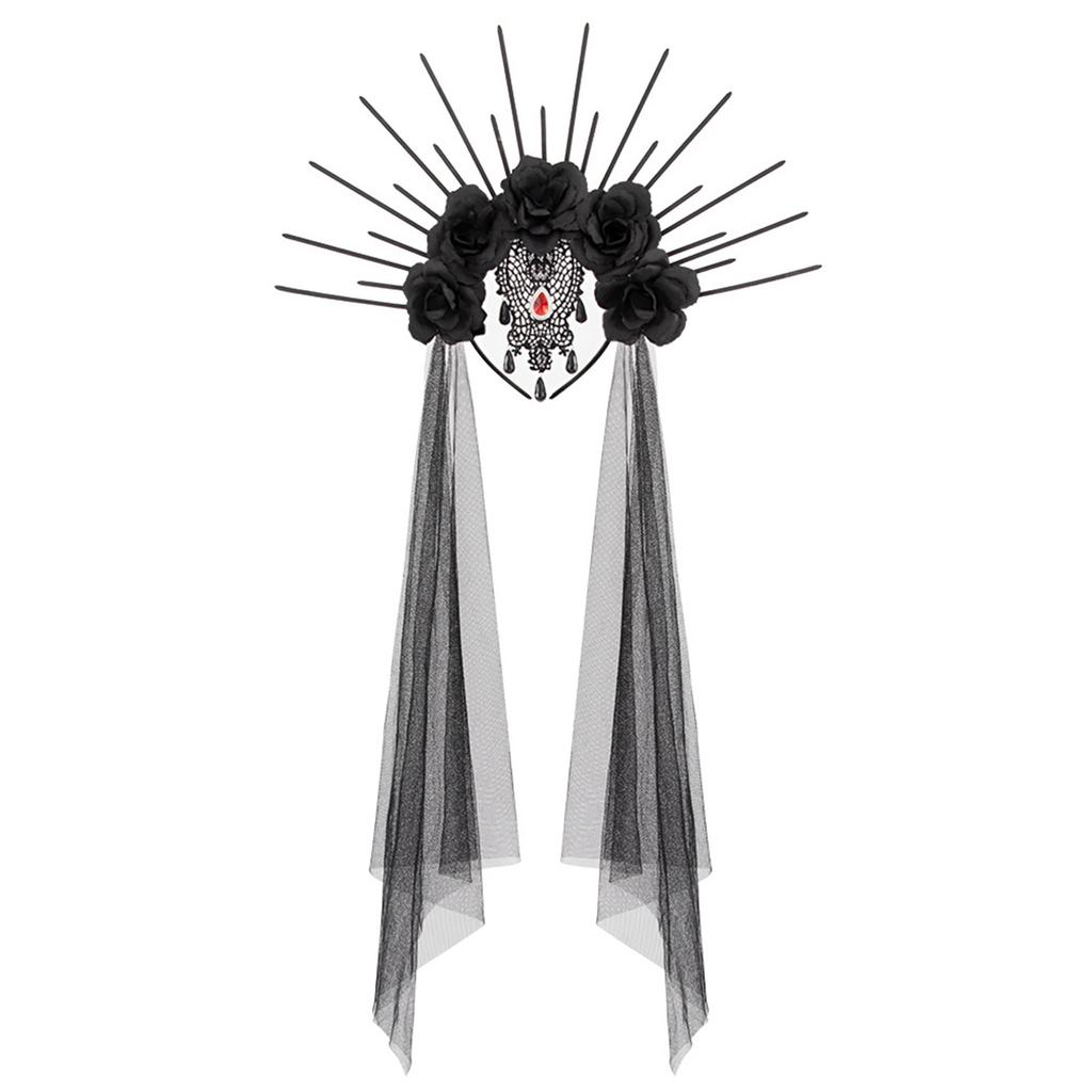 Gothic Queen Bride Costume Headband with Mesh and Rhinestone Lace Flower Crown for Halloween Cosplay Party Festivals