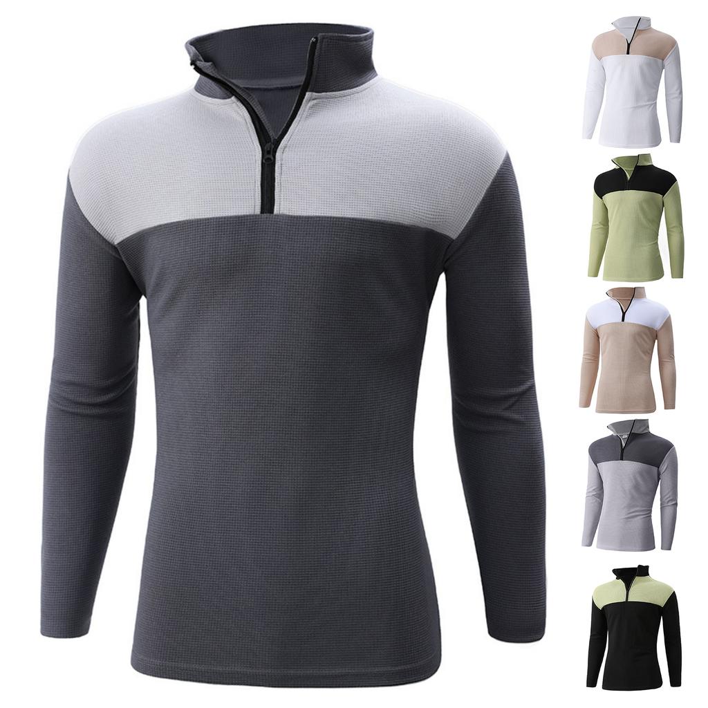 Men's And Women's Casual Color-blocked Stand-up Collar Long-sleeved T-shirt, Men's Sporty Breathable Half-zipper Top