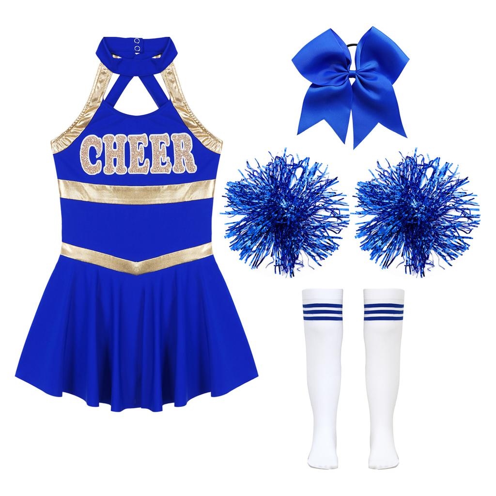 Cheer Leader Halloween Costume for Girls Sleeveless Tank  Dress Outfit with Pom Poms for Cheerleading Dancing