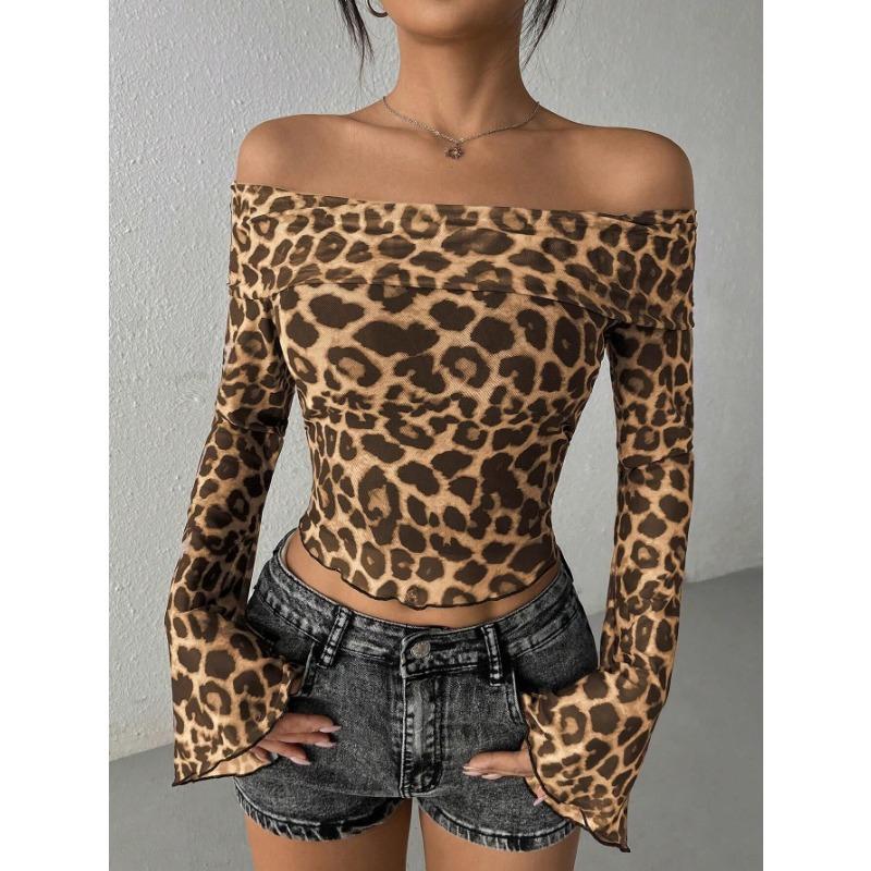 Women's One Shoulder Sexy Leopard Mesh Long Sleeve T-Shirt