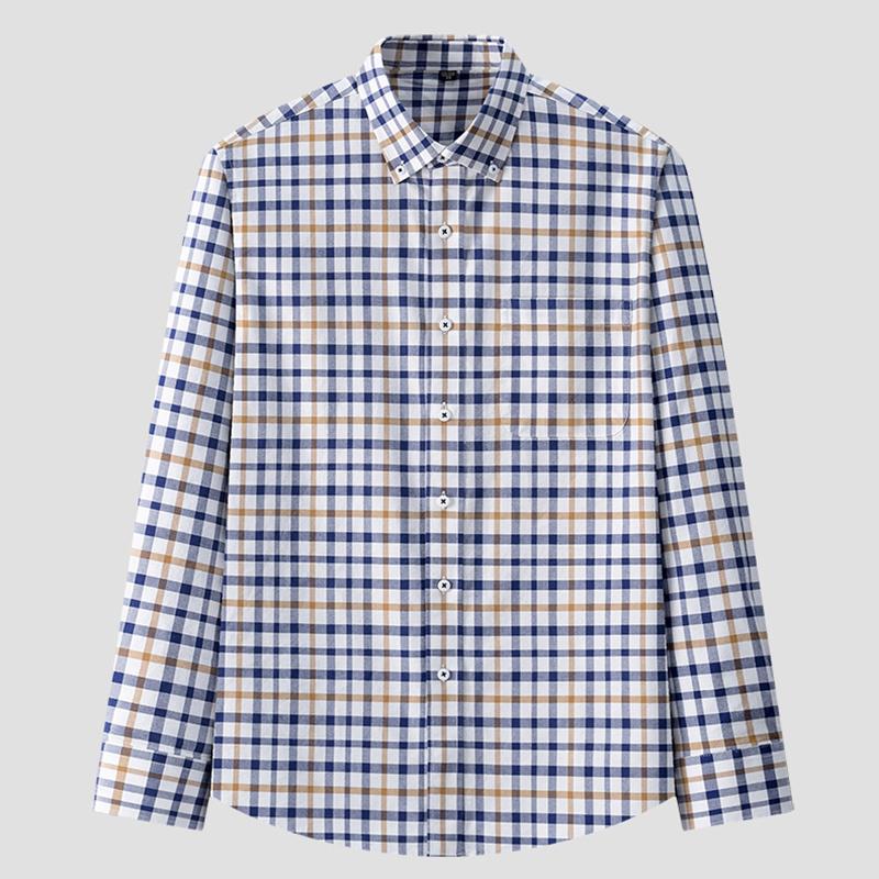 Pure Cotton Long Sleeve Office Men Plaid Shirts Button Collar for Business Checked Design Comfortable Male Clothing with Chest Pocket