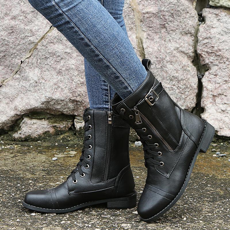 Retro Autumn/Winter Women's Western Cowboy Boots Lace Up Solid Color Side Zipper Low Heel Mid Calf Motorcycle Boot Goth Shoe