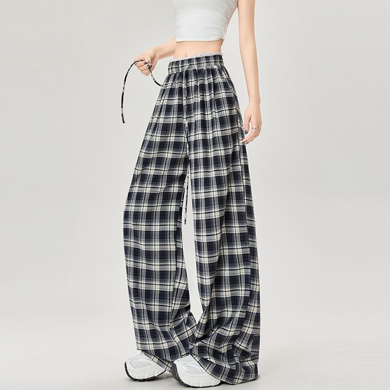 Lace Lace Plaid Wide-leg Pants for Women In Spring and Summer High Waist Lazy Loose Straight-leg Casual Floor Pants