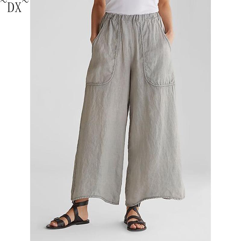 DX~~ Cotton Linen Wide-leg Pants, Mid-rise Casual Pants, Large Pocket Trousers