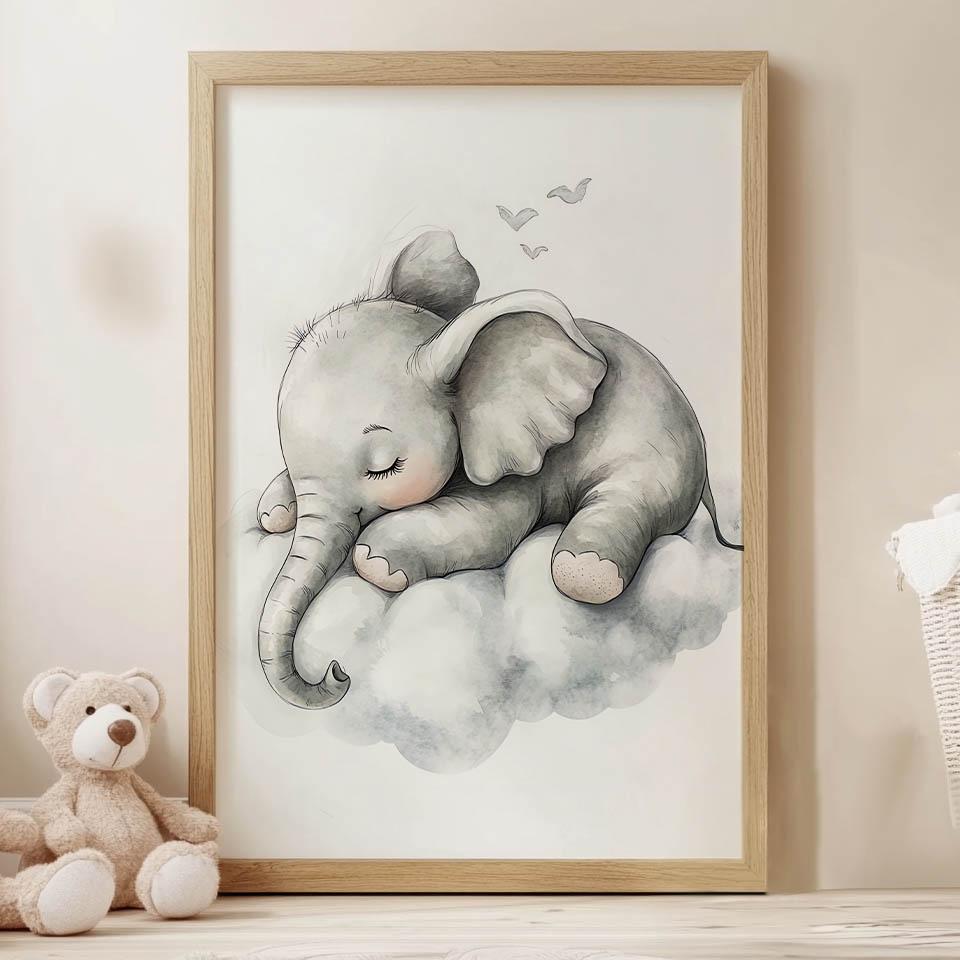 Plakat Senny Słonik Na Chmurze Plakat Senny Słonik Na Chmurze, 30X40 Cm, Rama Drewniana Jasny Dąb, Papier Matowy 230 Gsm