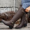 Women's Tall Square Buckle Boots, Chunky Heel Zipper Leather Boots, Plus Size Fall Winter Shoes