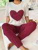 "Women's Autumn Sweet Love Pajama Set: Round Neck, Short Sleeve & Trousers - Comfy 2-Piece Homewear"
